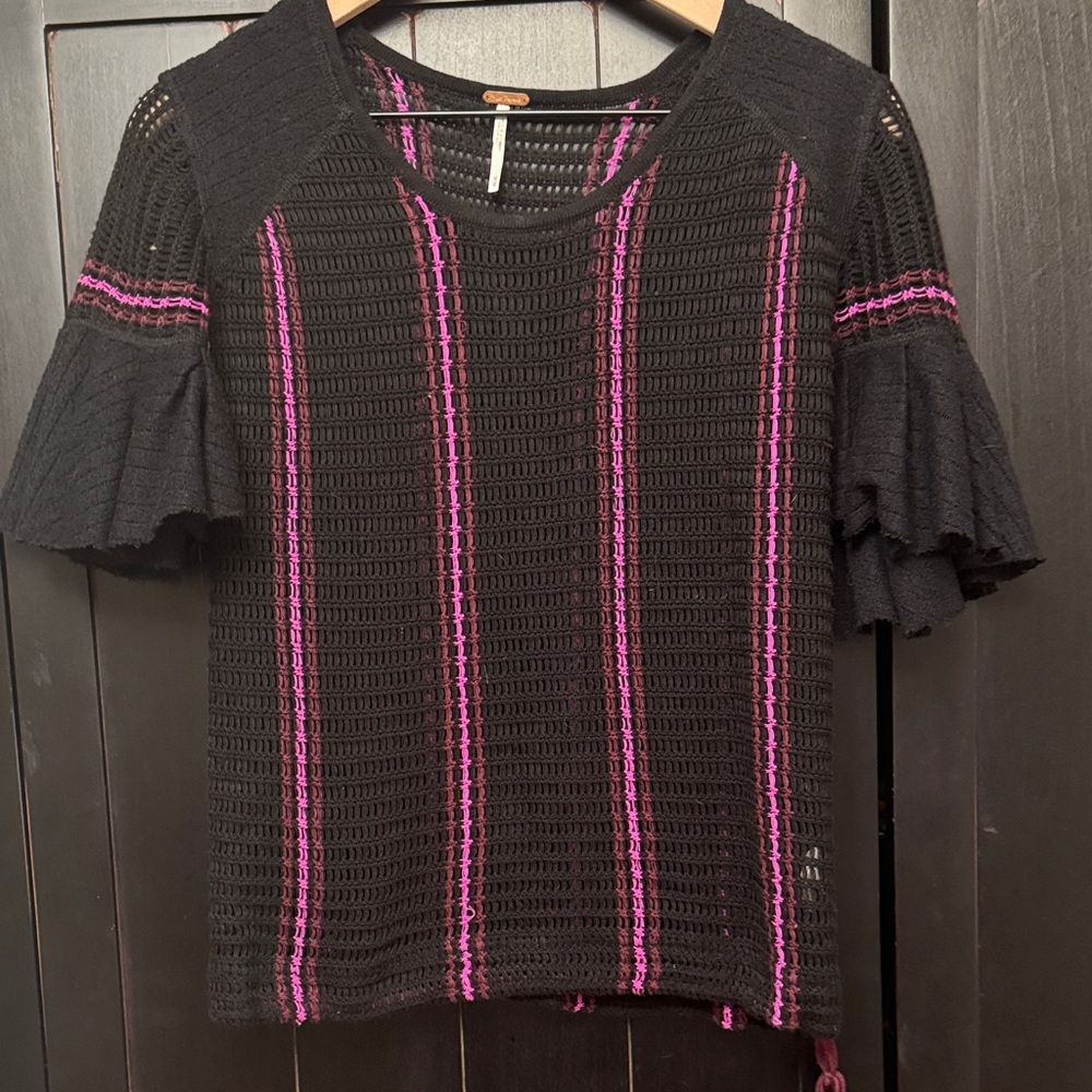 Free People Black Blouse with Pink Stripes